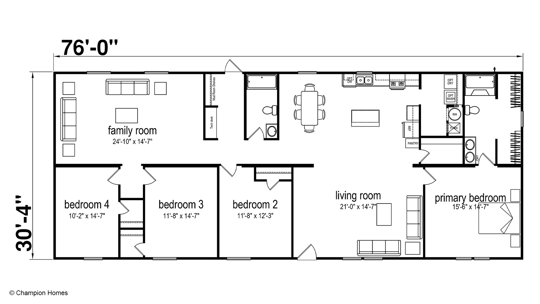 Floor plan of a spacious manufactured home featuring four bedrooms, a family room, living room, kitchen, and dining area.