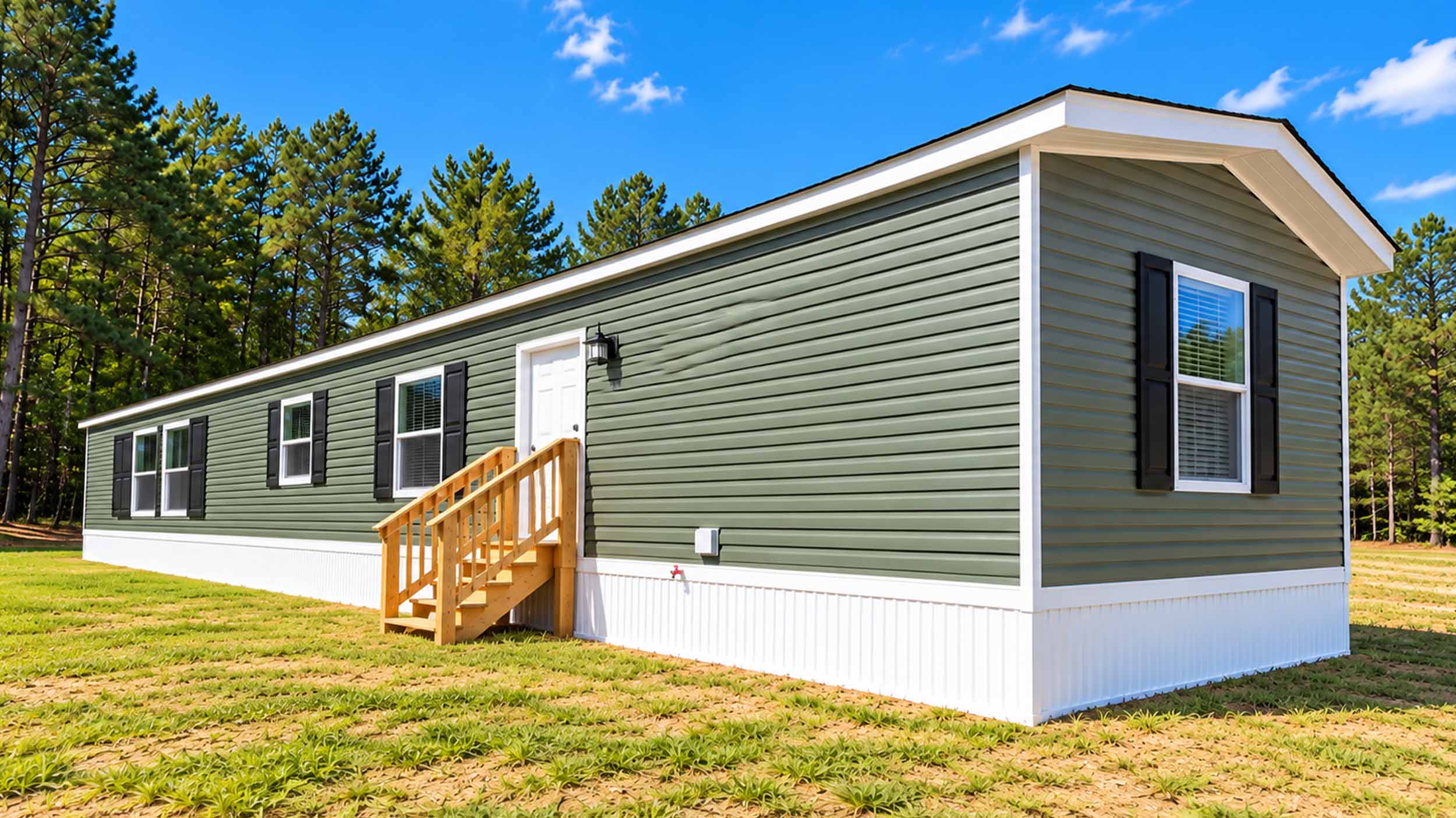 Green manufactured home with white trim and steps, set on grassy land with trees in the background.